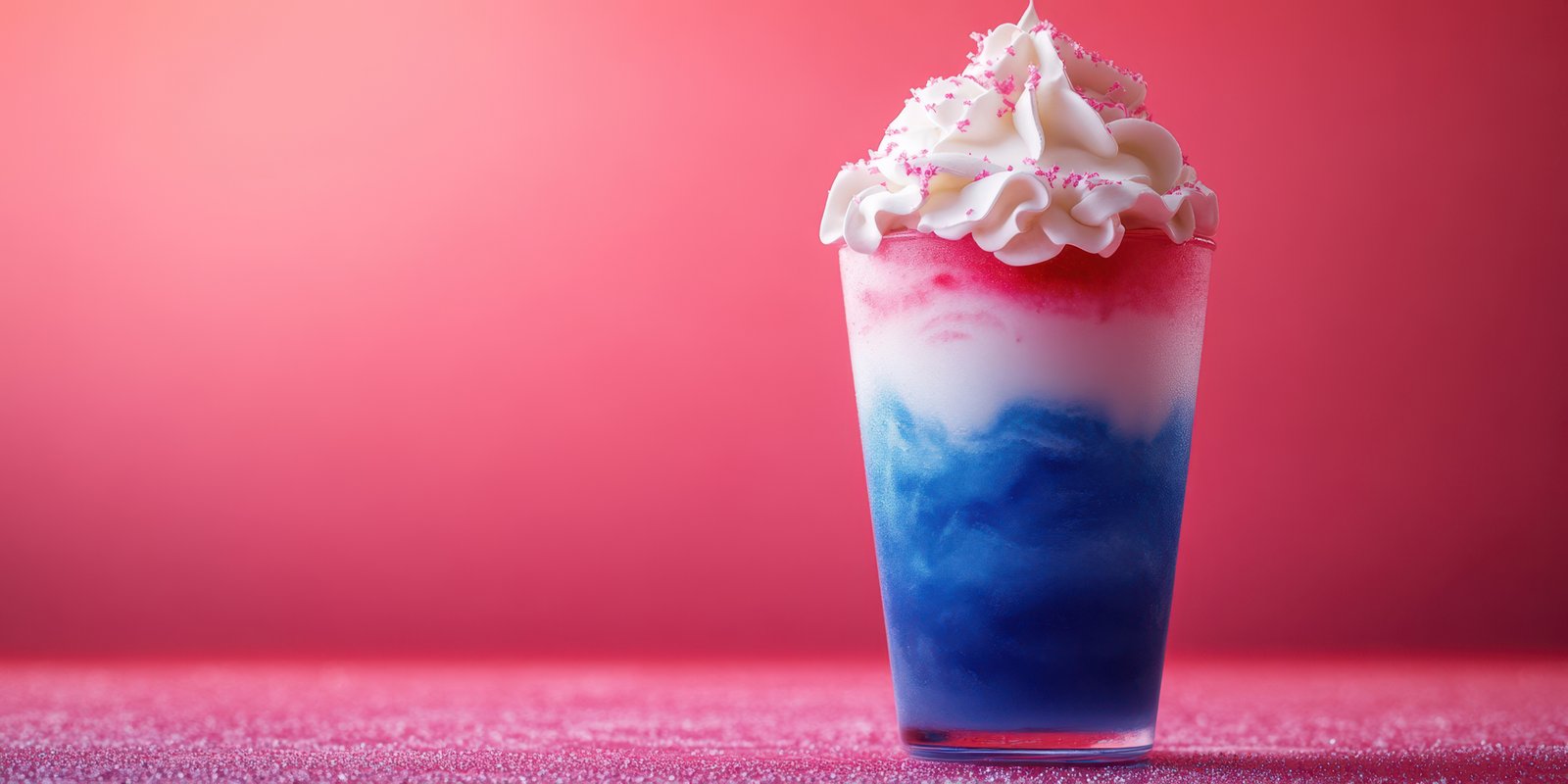 Colorful dessert beverage served in a glass with whipped cream on top at a festive event